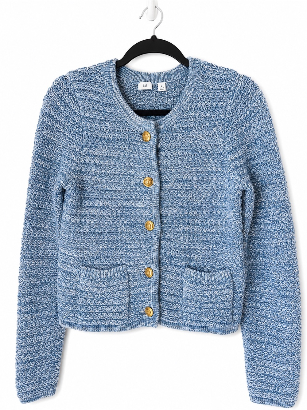 GAP Cropped Blue Chunky Knit Cardigan Gold Crest‎ Buttons Textured 100% Cotton M